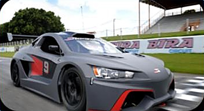 Hacker, voiture de course grise à liseré rouge, sur la grille de départ d'un circuit