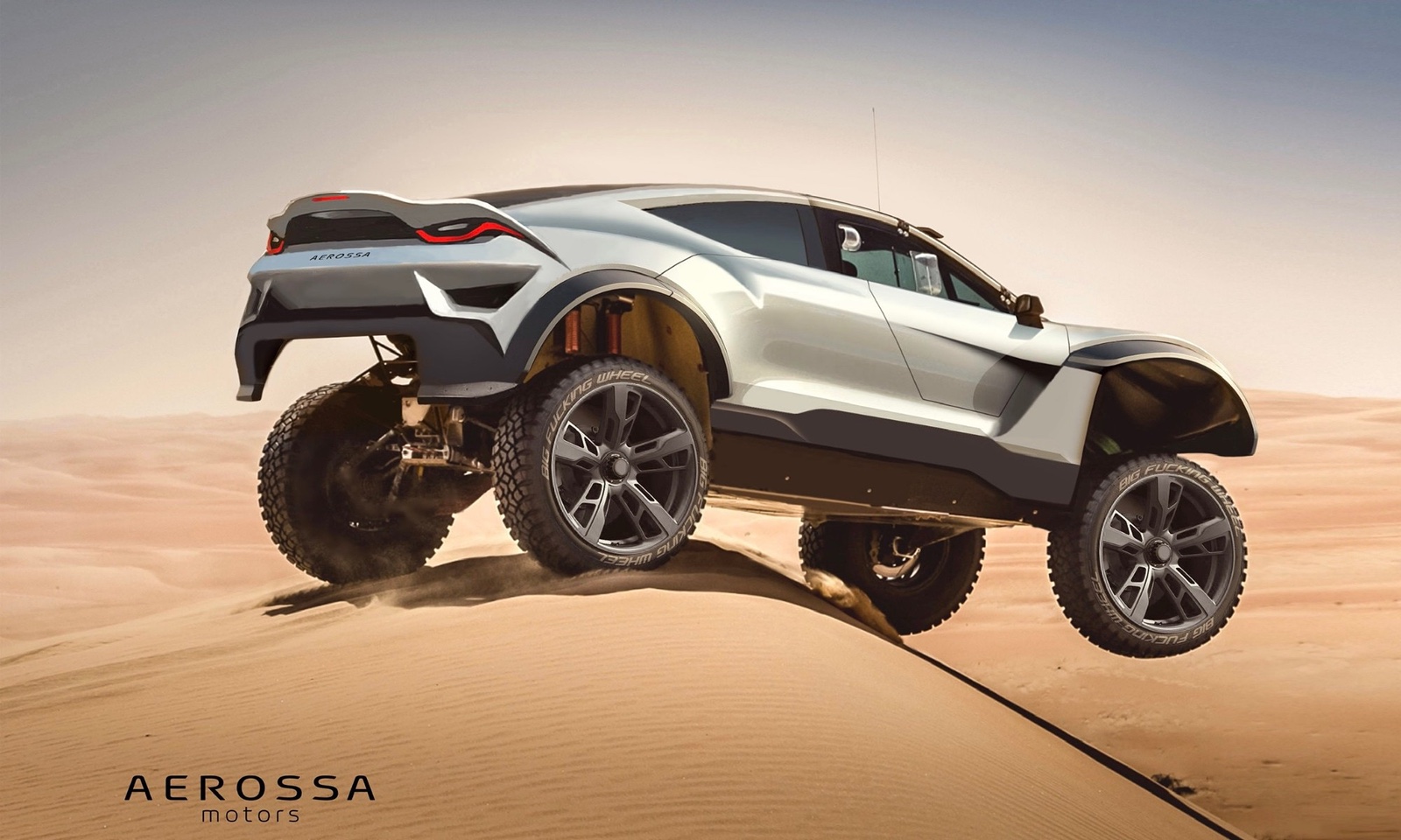 Étude de style Aerossa : coupé tout-terrain gris franchissant une dune dans le désert
