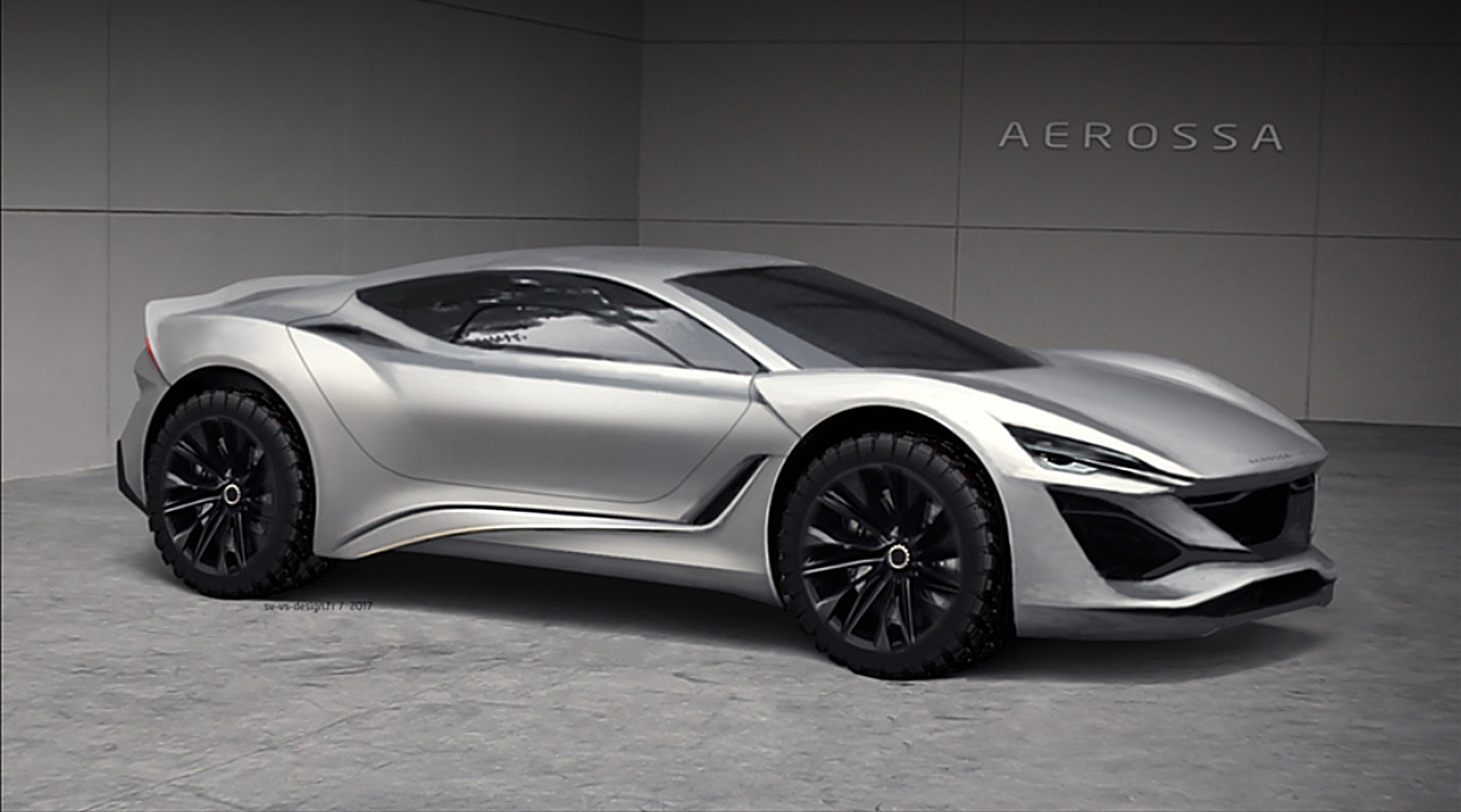 Étude de style Aerossa : coupé surélevé gris présenté en studio, vue trois quarts avant