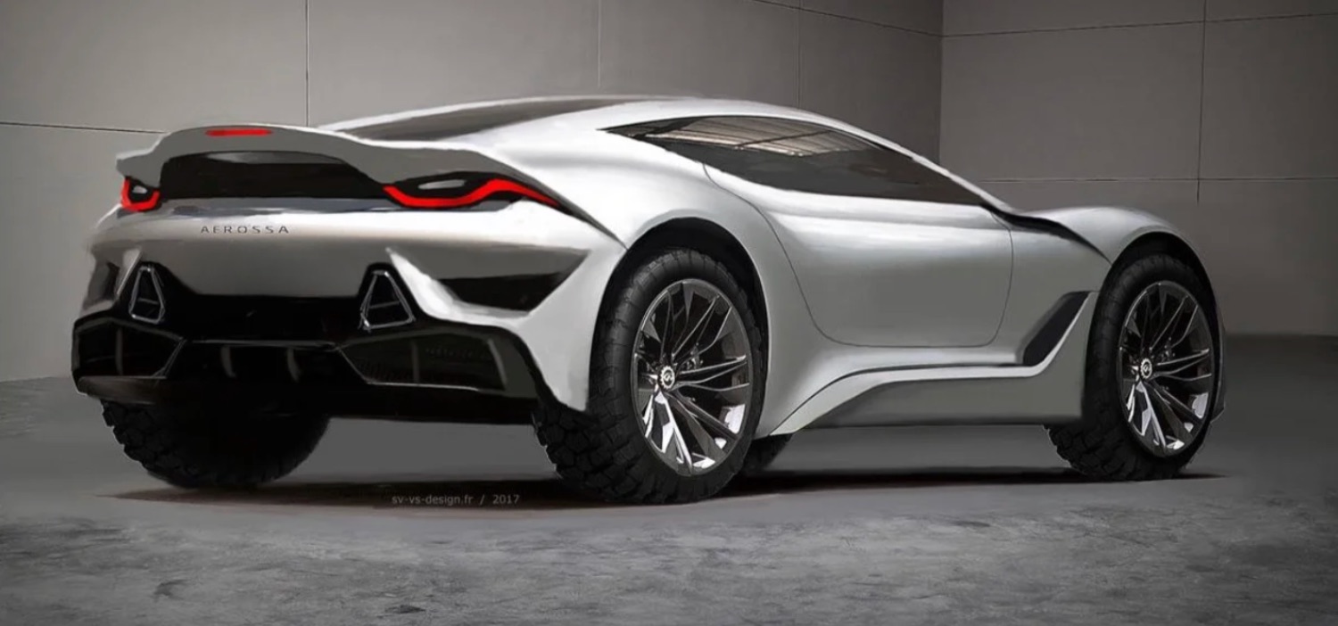 Aerossa The Vertu, coupé surélevé gris présenté en studio, vue trois quarts arrière