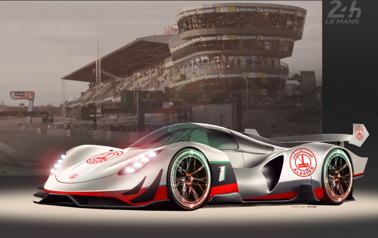 Étude de prototype d'endurance blanc et rouge devant les tribunes du circuit des 24 Heures du Mans